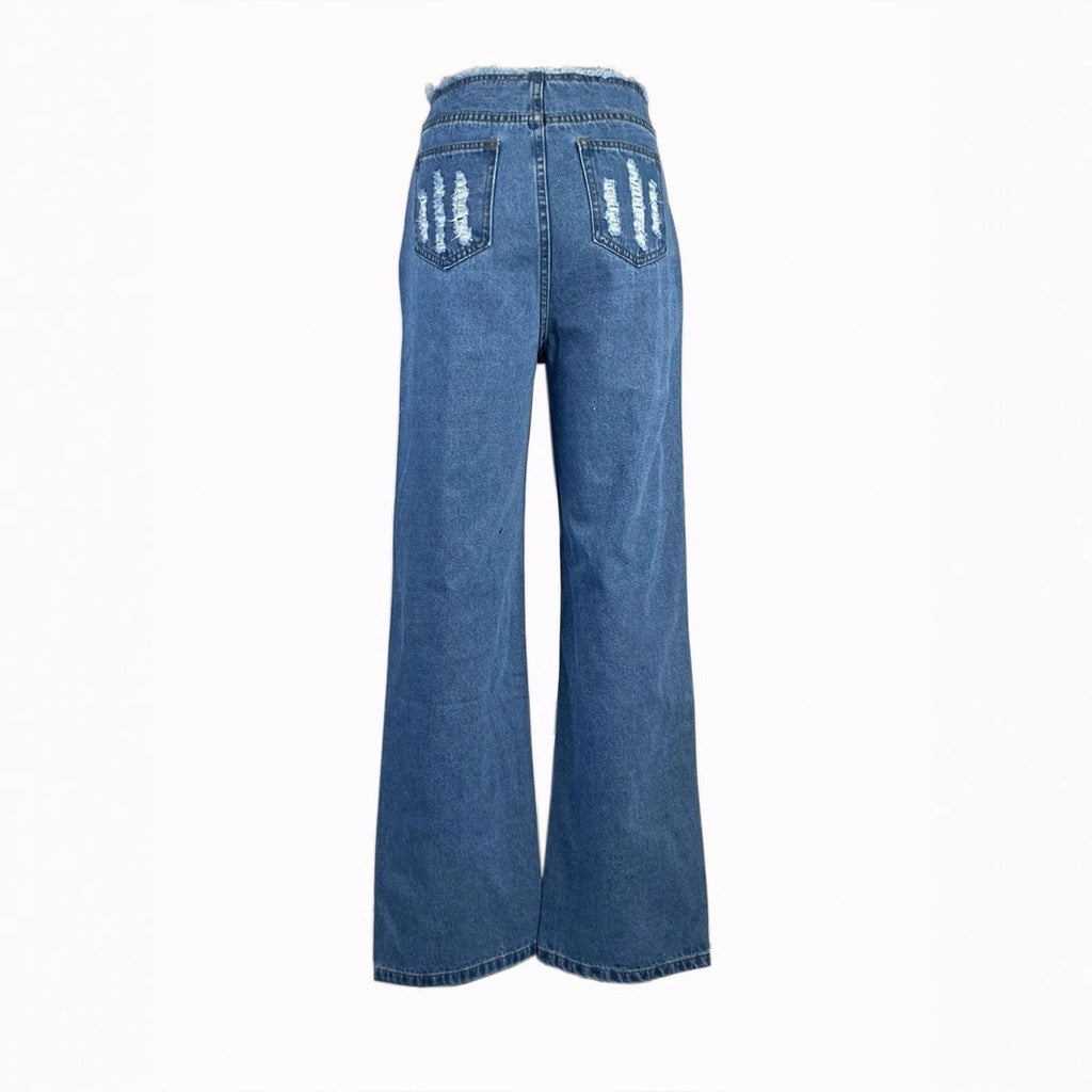 Women's high-cut wide denim jeans with heavily distressed front and raw waistband Fashion Glam