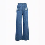 Women's high-cut wide denim jeans with heavily distressed front and raw waistband Fashion Glam