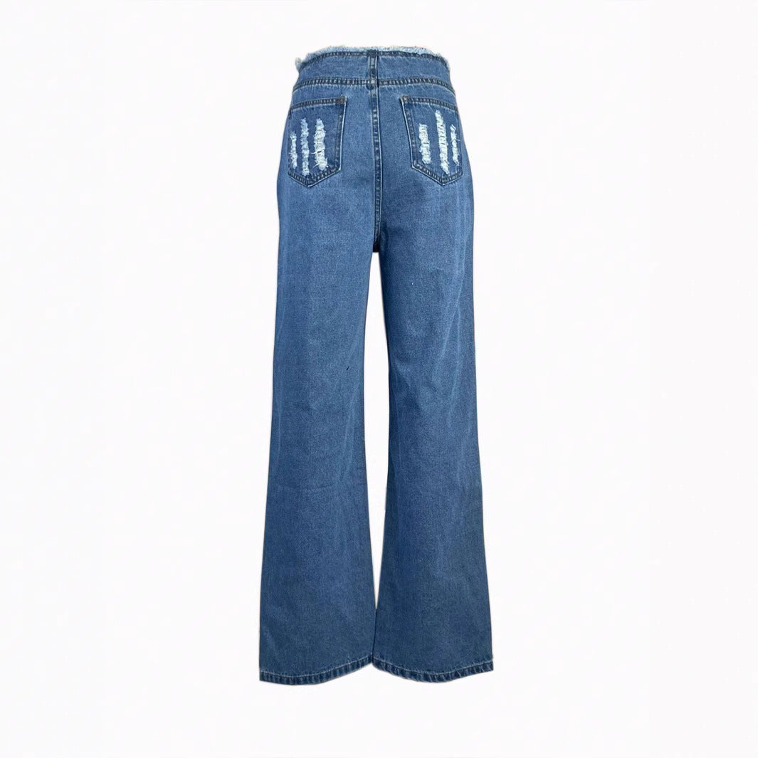 Women's high-cut wide denim jeans with heavily distressed front and raw waistband Fashion Glam
