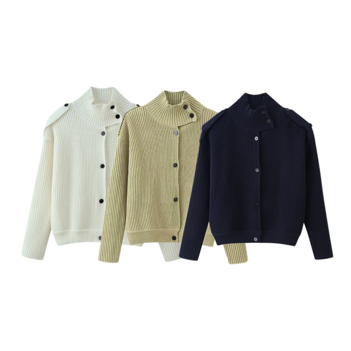 Women’s structured knit cardigan with stand-up collar, button placket and shoulder patches Fashion Glam