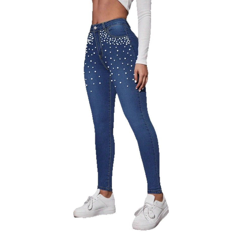 Women's high-waisted shaping skinny jeans with pearl embellishment Fashion Glam