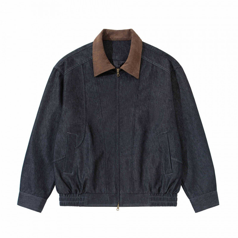 Men's Relaxed Bomber Denim Jacket with Cord Collar and Two-Way Zipper Fashion Glam