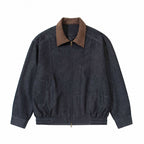 Men's Relaxed Bomber Denim Jacket with Cord Collar and Two-Way Zipper Fashion Glam