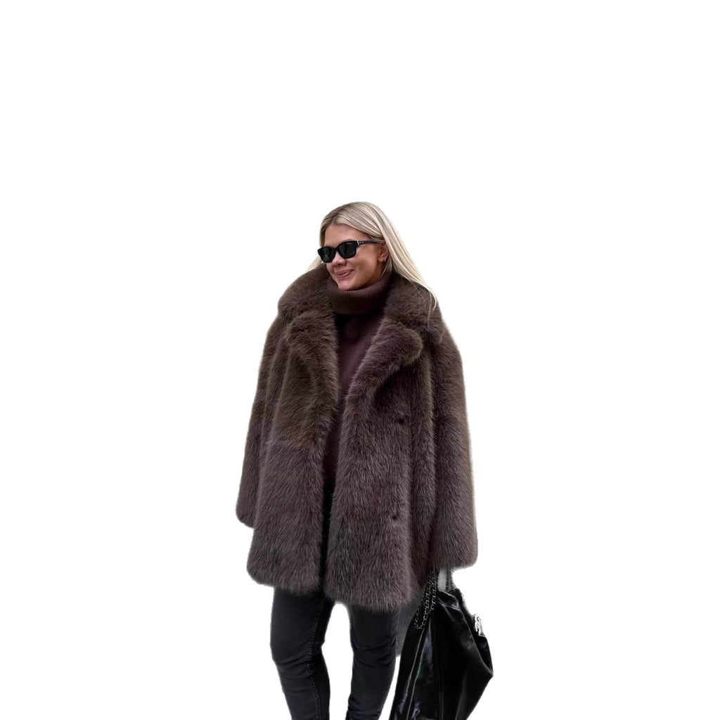 Ladies Short Luxurious Faux Fur Coat with Voluminous Shawl Collar and Boxy Silhouette Fashion Glam