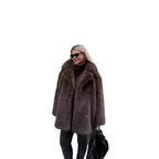 Ladies Short Luxurious Faux Fur Coat with Voluminous Shawl Collar and Boxy Silhouette Fashion Glam
