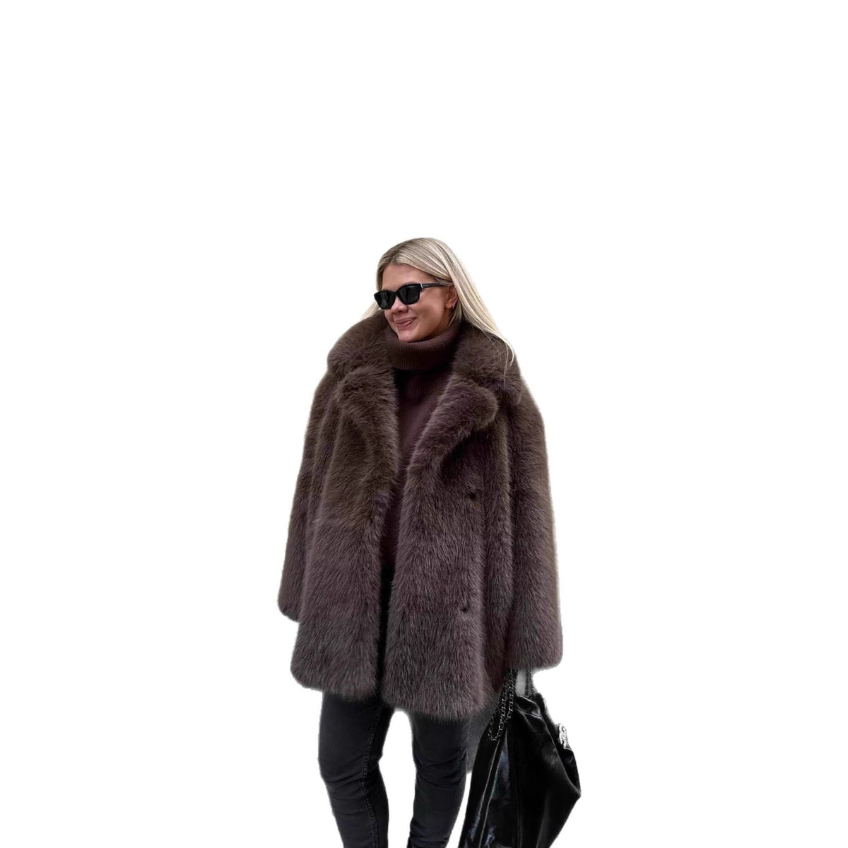 Ladies Short Luxurious Faux Fur Coat with Voluminous Shawl Collar and Boxy Silhouette Fashion Glam