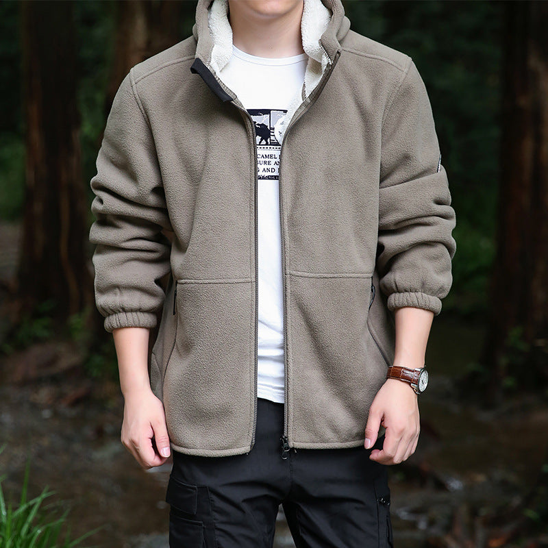 Men's fleece hooded jacket for outdoor with thermal lining, windproof surface and zip pockets Fashion Glam