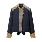 Women's short military-inspired jacket with stand-up collar, decorative cords, and gold-trimmed cuffs Fashion Glam