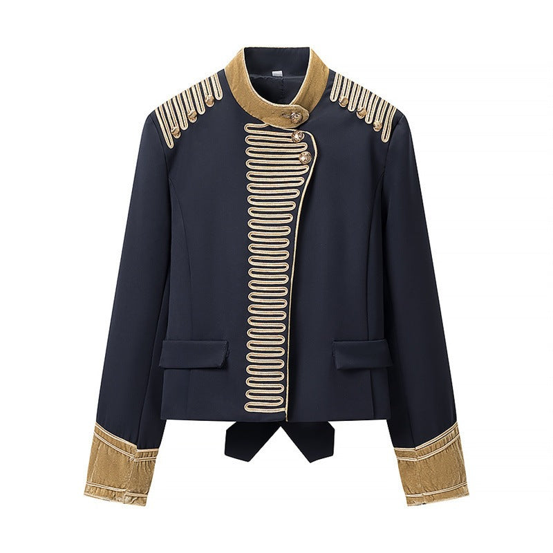 Women's short military-inspired jacket with stand-up collar, decorative cords, and gold-trimmed cuffs Fashion Glam