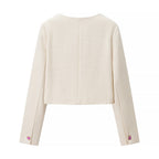 Women Short Cut Boucle Jacket with Curved Button Placket and Decorative Heart Buttons Fashion Glam