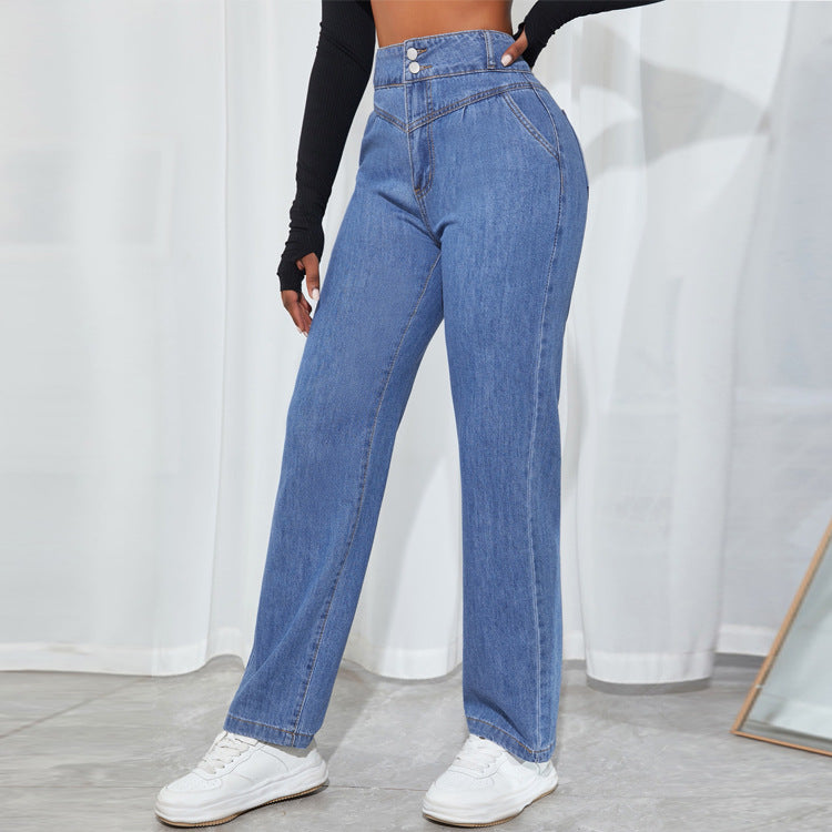 Women's high-waisted straight-cut jeans with V-shaped waistband and wide leg Fashion Glam
