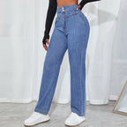 Women's high-waisted straight-cut jeans with V-shaped waistband and wide leg Fashion Glam