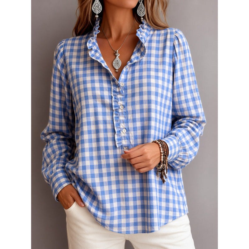 Women Checked Blouse Top with Ruffled Collar and Half Button Placket Fashion Glam