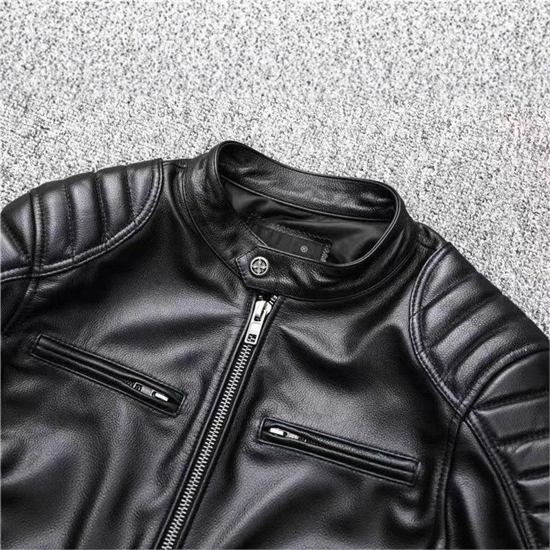 Men's Vintage Biker Leather Jacket with Stand Collar and Quilted Shoulder Padding Fashion Glam
