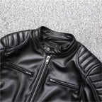 Men's Vintage Biker Leather Jacket with Stand Collar and Quilted Shoulder Padding Fashion Glam