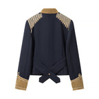 Women's short military-inspired jacket with stand-up collar, decorative cords, and gold-trimmed cuffs Fashion Glam