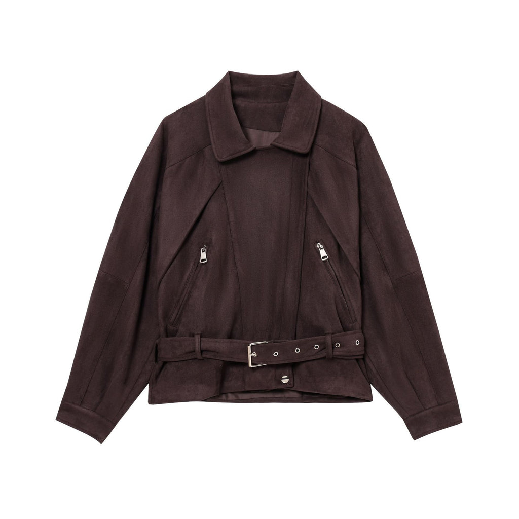 Women Short Suede Look Trench Coat with Waist Belt and Zipper Details Fashion Glam
