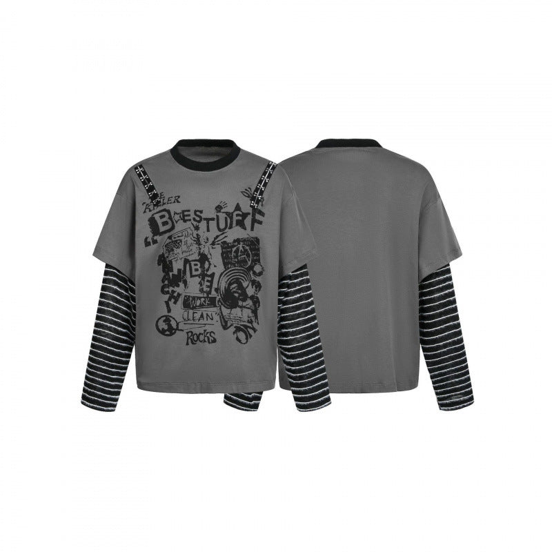 Women layered look long sleeve with graphic print, striped insert sleeves and decorative shoulder straps Fashion Glam