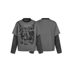 Women layered look long sleeve with graphic print, striped insert sleeves and decorative shoulder straps Fashion Glam