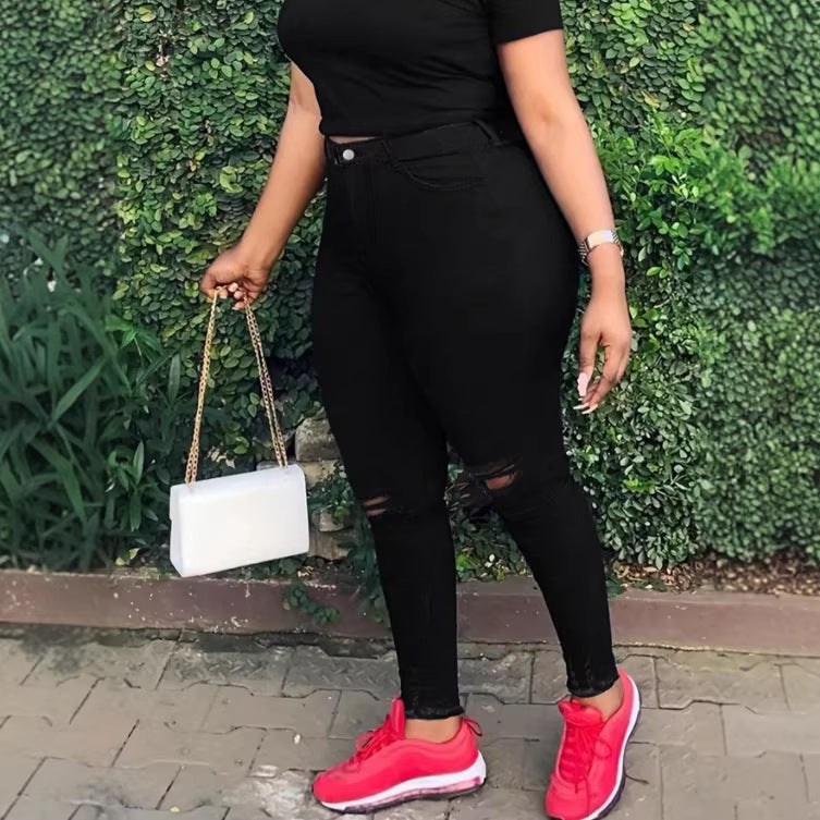 Women high-waisted body-shaping skinny jeans with knee rips and butt-lifting waistband Fashion Glam