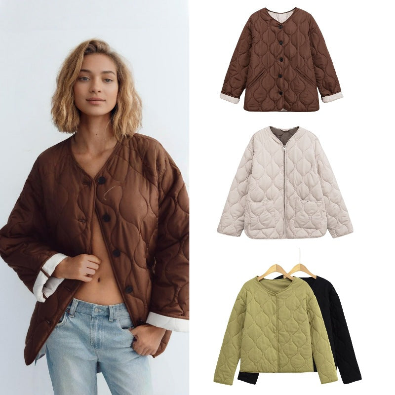 Women's quilted jacket with round quilting, button placket and V-neck Fashion Glam