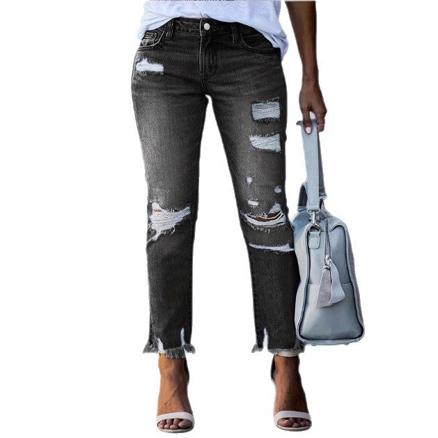 Women Cropped Destroyed Jeans with High Waist, Straight Leg & Raw Frayed Hem Fashion Glam