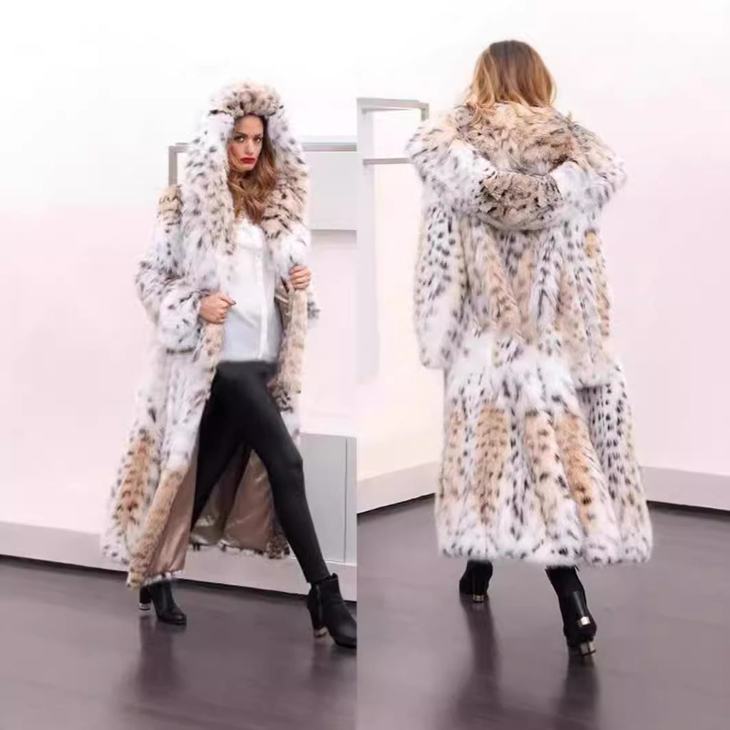 Women's Longer Faux Fur Coat with Hood and Lynx Look Fashion Glam