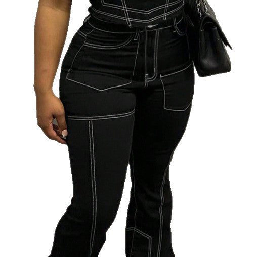 Ladies High-Waist Flared Jeans with Contrast Stitches and Cargo Inserts Fashion Glam