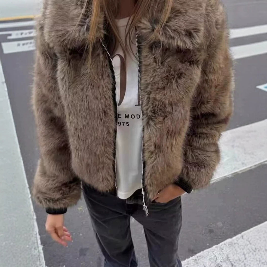 Women's Short Faux Fur Bomber Jacket with Voluminous Shawl Collar and Zipper Fashion Glam