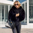 Women's Short Hooded Faux Fur Jacket with Dense Pile, Boxy Silhouette and Elastic Hem Fashion Glam