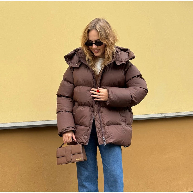 Women oversized high puffy quilted jacket with detachable zipper and kangaroo pockets Fashion Glam