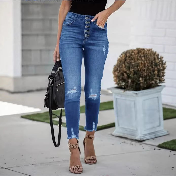 Women's High-Waisted Skinny Jeans with Visible Button Placket, Destroyed Knee Areas, and Raw Ankle Hem Fashion Glam
