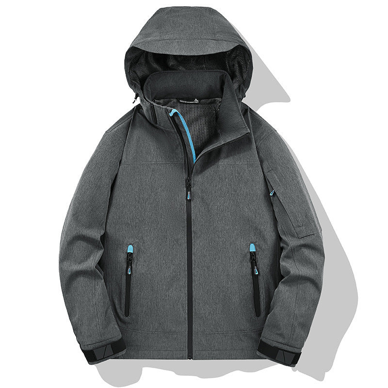 Men's Weather-Resistant Softshell Outdoor Jacket with Hood, High Collar, and Welded Seams Fashion Glam