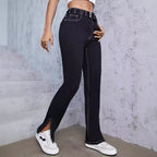 Women High-Waist Straight Jeans with Side Ankle Slit and Contrast Stitch Fashion Glam