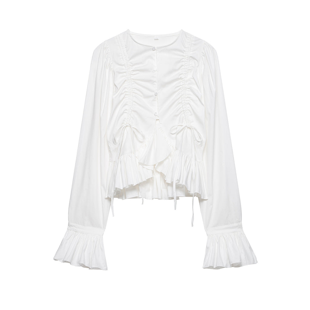 Women Ruffled Blouse with Drawstring, Balloon Sleeves and Ruffle Hem Fashion Glam