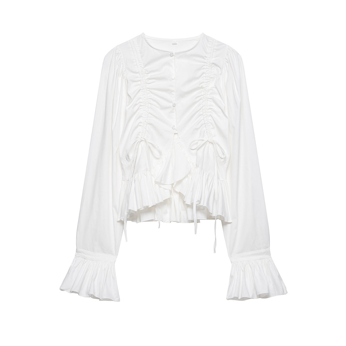 Women Ruffled Blouse with Drawstring, Balloon Sleeves and Ruffle Hem Fashion Glam