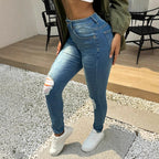 Women's High-Waist Sculpting Skinny Jeans with Asymmetrical Knee Rips and Shaping Comfort Waistband Fashion Glam