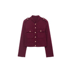 Women's Short Cut Military Inspired Wool Jacket with Stand-Up Collar, Epaulettes and Gold Button Details Fashion Glam