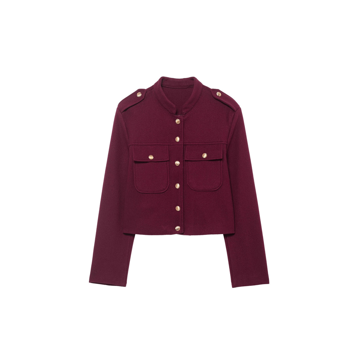 Women's Short Cut Military Inspired Wool Jacket with Stand-Up Collar, Epaulettes and Gold Button Details Fashion Glam