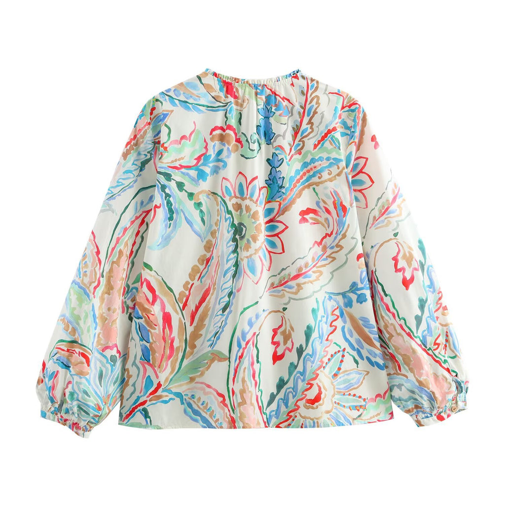 Ladies Lightweight Viscose Blouse with Watercolor Floral Print, V-Neck and Balloon Sleeves Fashion Glam