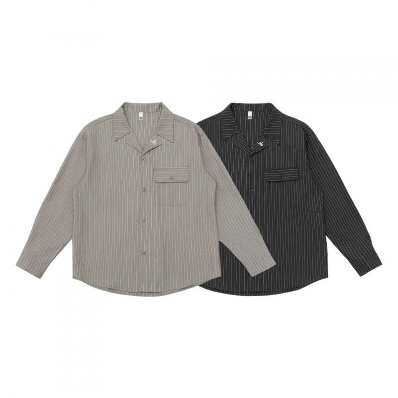 Unisex Boxy Shirt Jacket with Lapel Collar, Chest Pocket and Fine Pinstripe Fashion Glam
