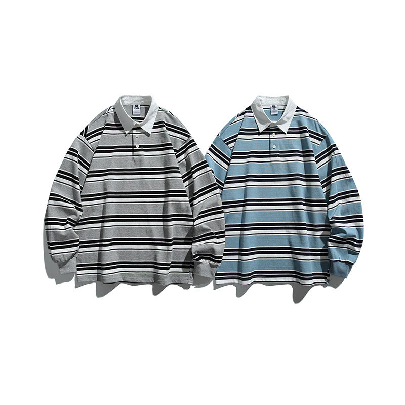 Unisex Oversize-Long Sleeve-Rugby Shirt with Contrast Collar and Distinctive Striped Pattern Fashion Glam