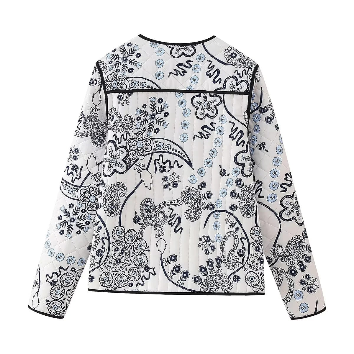 Women's Quilted Boxy Quilted Jacket with Paisley Print and Contrasting Piping Fashion Glam