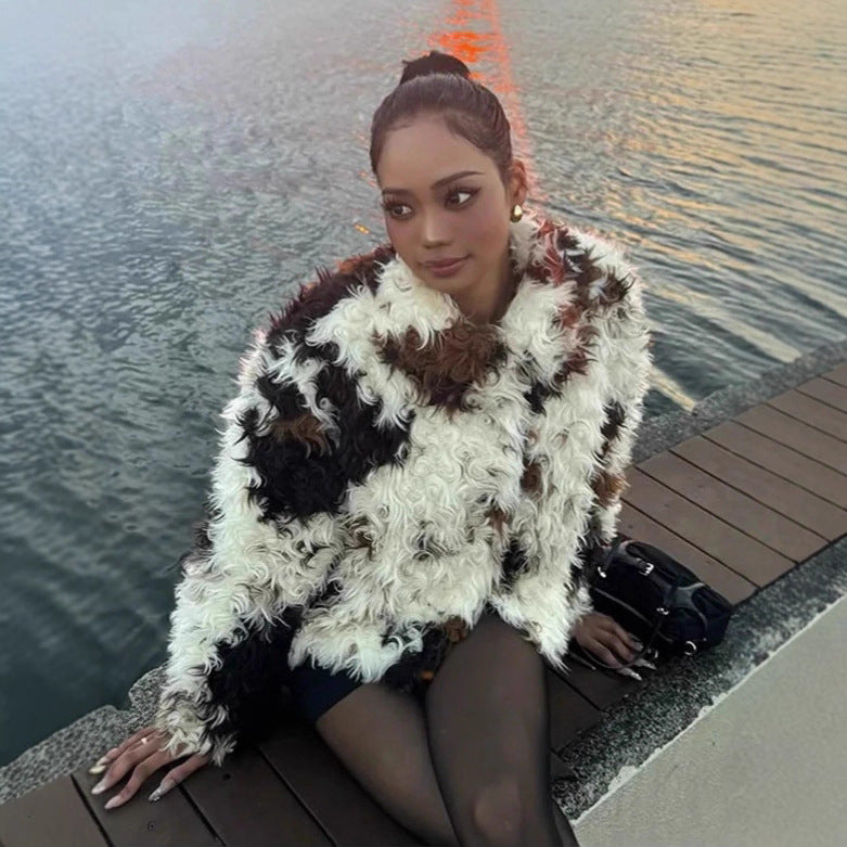 Women's Short Shaggy Faux Fur Bomber Jacket with Textured Patchwork Look Fashion Glam