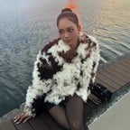 Women's Short Shaggy Faux Fur Bomber Jacket with Textured Patchwork Look Fashion Glam