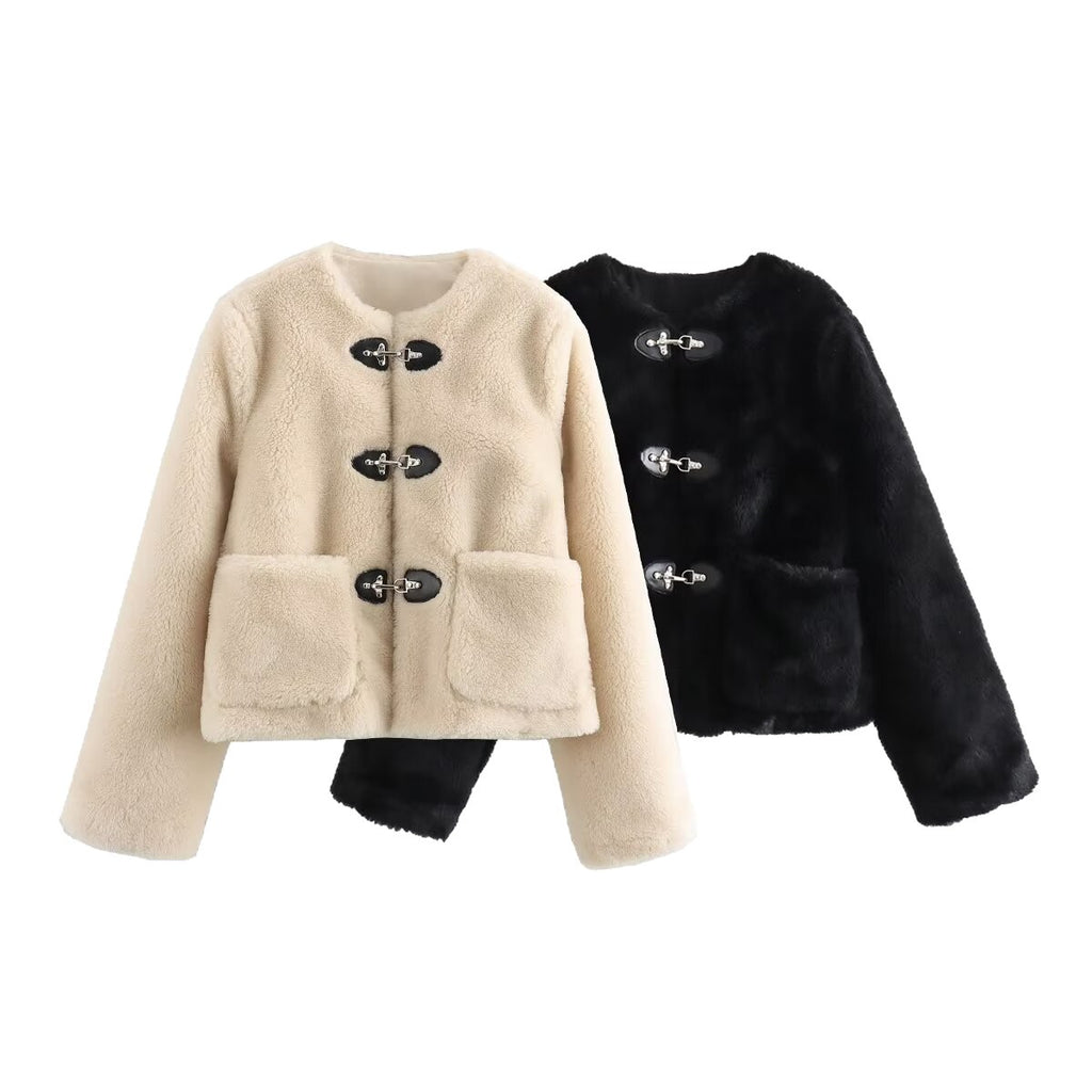 Women's Short Teddy Jacket Made of Faux Fur with Toggle Closures and Patch Pockets Fashion Glam