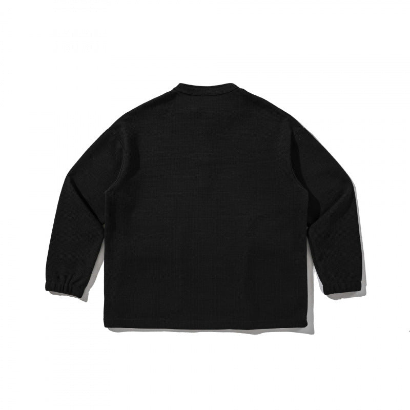 Unisex Oversize Waffle Knit Henley Sweatshirt with Stand-Up Collar, Snap Placket and Utility Pockets Fashion Glam