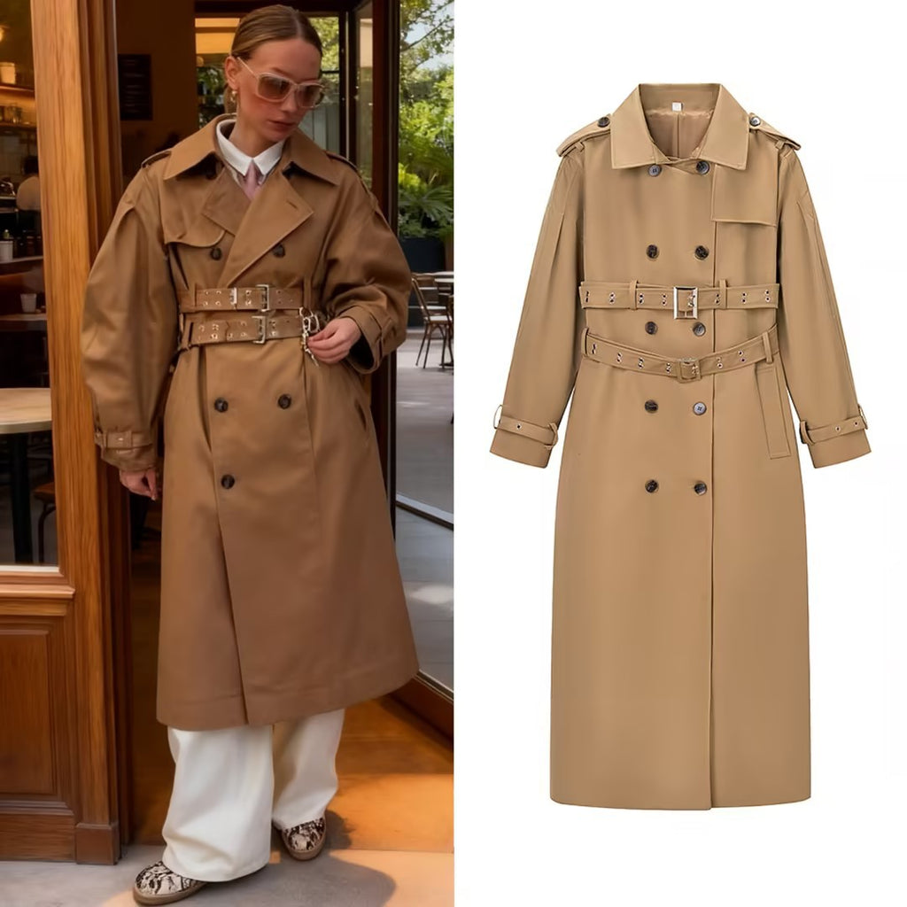 Women Longer tailored trench coat with double waist belt and epaulettes Fashion Glam