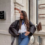 Unisex Oversize Faux Leather Jacket with Zip Shirt Collar and Waist Belt Fashion Glam