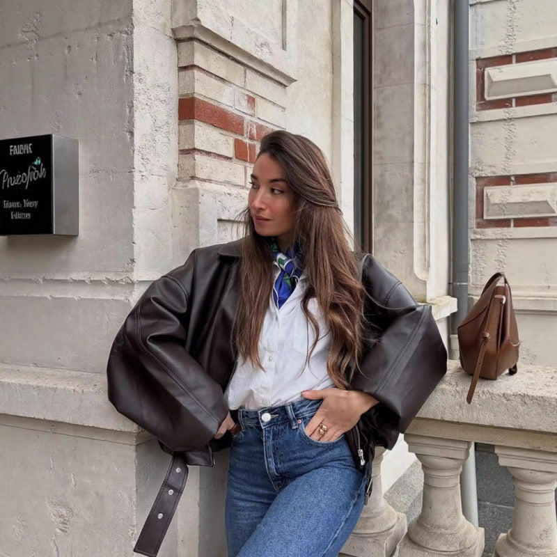Unisex Oversize Faux Leather Jacket with Zip Shirt Collar and Waist Belt Fashion Glam